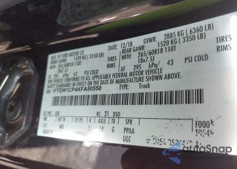 2019 Ford F-150 Xlt из США, поврежденный, VIN 1FTEW1CP4KFA50550